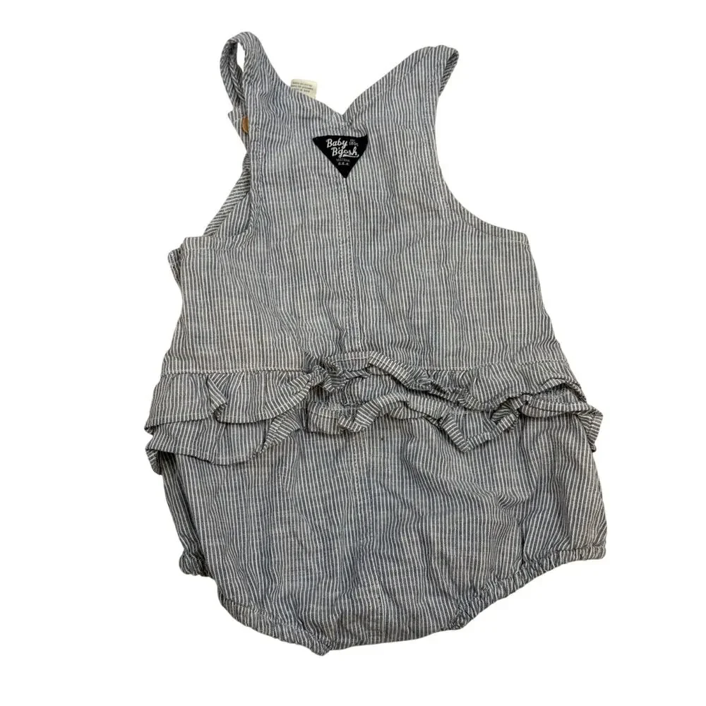 OshKosh Girl Denim Bubble Romper Shortalls Engineer Stripe Ruffle 12-18 Months